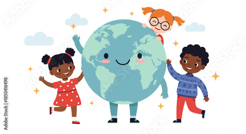 Joyful children from diverse backgrounds celebrate Children’s Day by embracing a smiling Earth, symbolizing global unity and environmental awareness in a vector illustration.