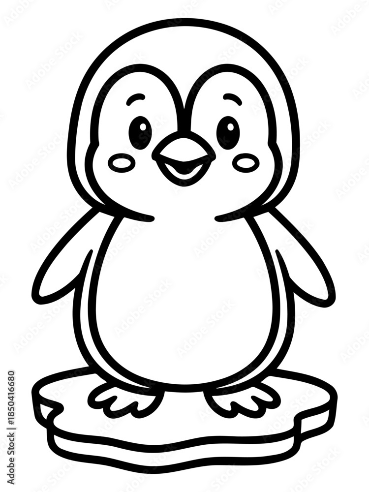 Naklejka premium Cute Penguin on Ice: A charming cartoon penguin, with adorable features, stands proudly on an ice floe, evoking a sense of joy.