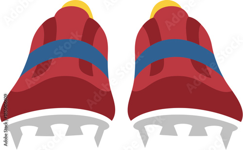 A pair of red mountaineering boots with crampons for winter ice climbing.