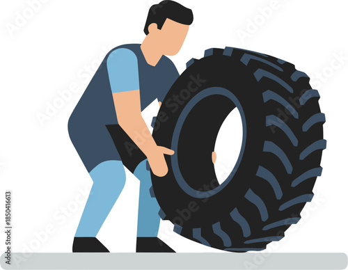 Male athlete performing a heavy tire flip for strength training.