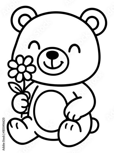 Smiling Bear Holding a Flower: A heartwarming illustration of a cheerful bear cub, sitting with a gentle smile and holding a delicate flower, creating a scene of innocence and joy.