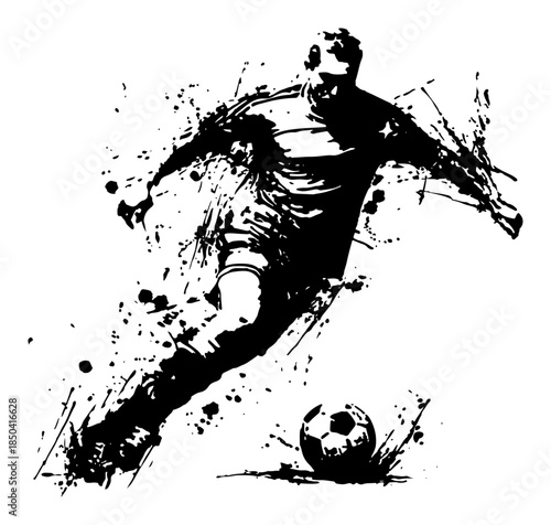 Dynamic soccer player running with ball in black grunge ink style