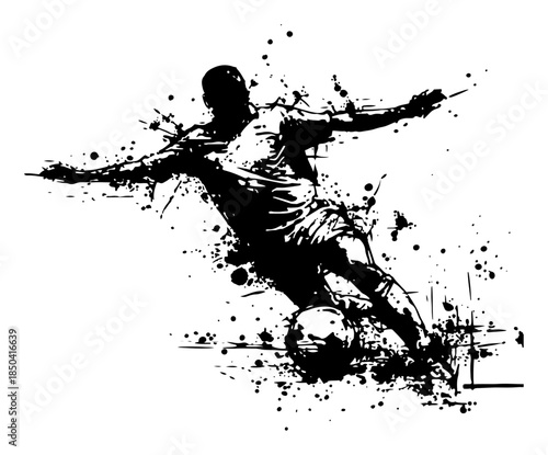 Soccer player silhouette kicking ball with abstract black ink splashes