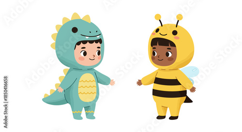 Two adorable children dressed in vibrant dinosaur and bee costumes stand side-by-side, celebrating the joy of childhood and friendship, perfect for children's day.