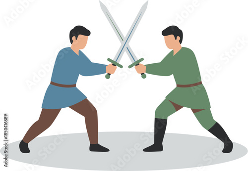 Two medieval warriors engaged in a fierce sword fight duel.