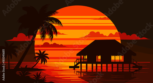 Vector illustration of a tropical hut on stilts at sunset with palm trees, creating a serene and idyllic vacation scene with warm, vibrant colors.