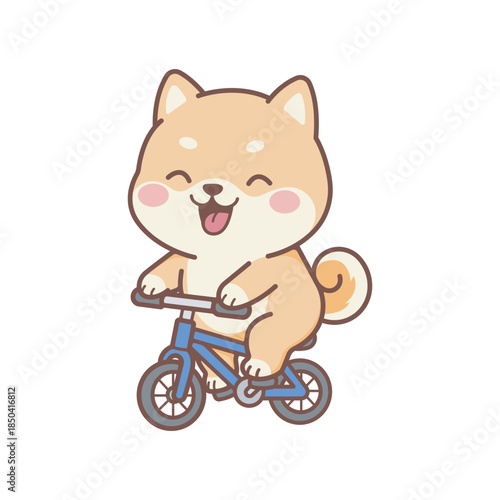 Cute shiba inu puppy riding bicycle sticker cycling happily in kawaii cartoon style for kids