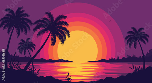 A serene vector illustration of a vibrant sunset over a tranquil ocean, framed by silhouette palm trees, evoking a sense of peaceful tropical getaway.