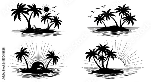 A collection of vintage-style vector silhouette illustrations depicting tropical islands with palm trees, sun, and birds over the ocean.