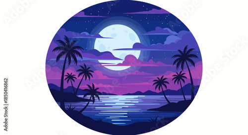 A vibrant vector illustration captures a serene tropical scene, featuring silhouetted palm trees against a backdrop of a full moon and a colorful, pixelated night sky reflecting on the calm ocean.