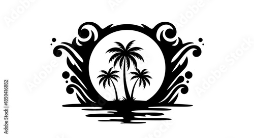A vector graphic depicts three palm trees silhouetted against a circular frame with decorative swirls, evoking a tropical, beachy, and minimalist design aesthetic.