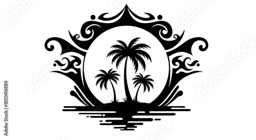 Exotic vector graphic showcasing a serene island scene with multiple palm trees, beautifully enclosed within a decorative, intricate, and elegant frame.