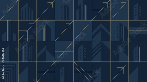 Modern geometric cityscape background with dark blue tones
