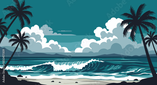 This tranquil vector illustration beautifully depicts a tropical beach scene, featuring silhouetted palm trees gracefully framing the rolling ocean waves.