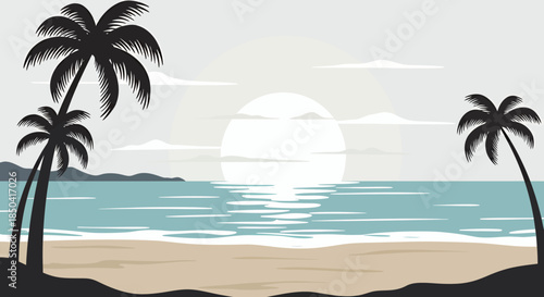 A serene vector illustration of a tropical beach at sunset, featuring silhouette palm trees swaying gently in the breeze, with the ocean reflecting the warm sunlight.