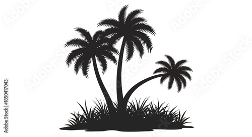 A striking black silhouette vector illustration of three tropical palm trees with lush grass, perfect for summer vacation designs and island-themed projects.