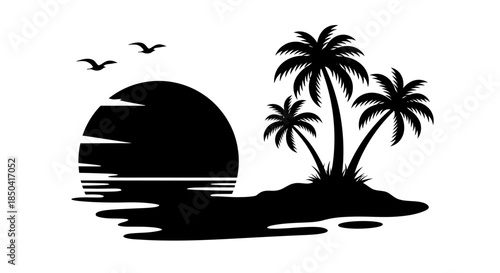 Silhouette vector graphic of palm trees on a tropical island at sunset, creating a serene and inviting scene, perfect for travel and vacation themes.