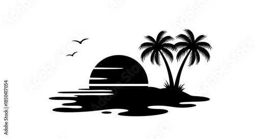 A serene vector illustration showcases a silhouette of palm trees and a setting sun over tranquil water, evoking a sense of peace and tropical beauty in a minimalist style.