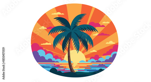 A vibrant vector illustration depicts a lone palm tree silhouetted against a stylized sunset over a tranquil ocean, evoking a sense of tropical paradise and relaxation.