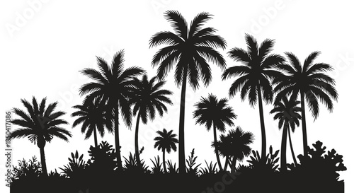 A beautiful tropical island landscape silhouette featuring a dense group of various palm trees and lush foliage, rendered as a clean vector graphic.