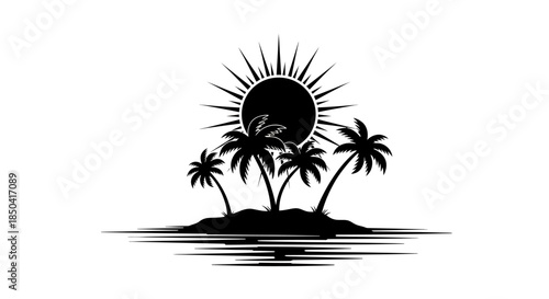 A stylized black silhouette vector illustration depicts a tropical island with multiple palm trees reflecting in calm water under a radiant sun.