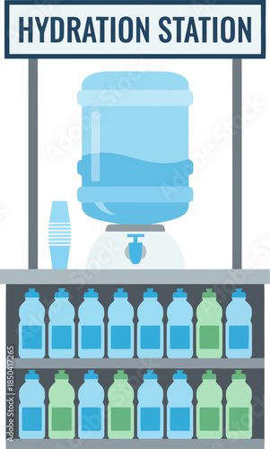 Flat vector illustration of a public hydration station with a water cooler and bottled water.