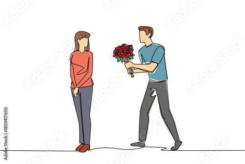 Single continuous line drawing man carries bouquet of flowers and wants to give it to a woman. Chasing the woman of the dreams. Love. Bring Flowers To Someone Day. One line design vector illustration