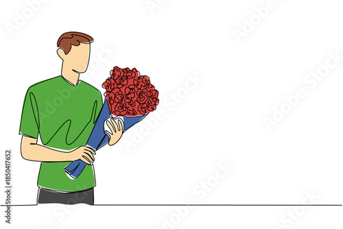 Continuous one line drawing young handsome man carrying a bouquet of flowers. Roses are a symbol of great love. Dream lover. Bring Flowers To Someone Day. Single line draw design vector illustration