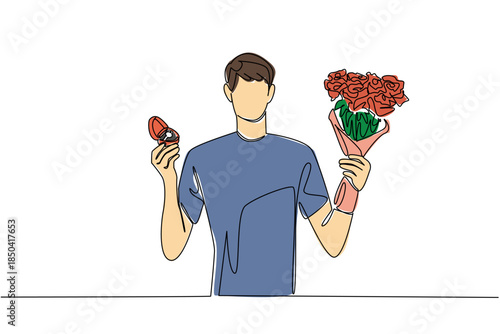 Single continuous line drawing a man holding a bouquet of flowers and the other hand holding a ring. Surprise night. Beloved. Happy. Bring Flowers To Someone Day. One line design vector illustration