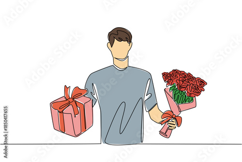 Single one line drawing a man in casual clothes holding a bouquet of flowers and a gift. A special gift on a special day. Bring Flowers To Someone Day. Continuous line design graphic illustration