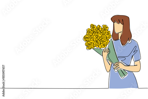 Single continuous line drawing a young woman in casual clothes is carrying a bouquet of flowers. Symbol of sincere expression of love. Bring Flowers To Someone Day. One line design vector illustration