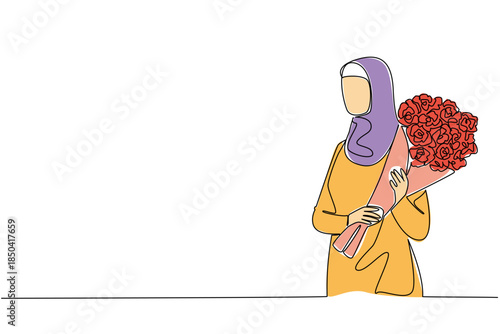 Single one line drawing an Arabian woman carrying a bouquet of flowers. Red roses are a sign of love for a legitimate partner. Bring Flowers To Someone Day. Continuous line design graphic illustration