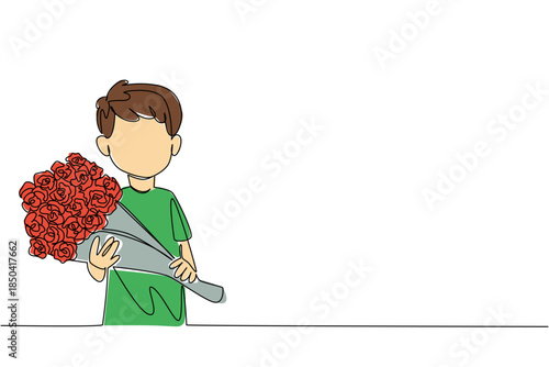 Single continuous line drawing a little boy carrying a bouquet of flowers. Friendship. Peace. Soothe of sorrow. Emotional bonds. Bring Flowers To Someone Day. One line design vector illustration