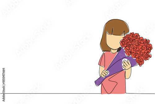Continuous one line drawing a girl carrying a bouquet of flowers. Very beautiful red roses for mother. Fragrance and beauty. Bring Flowers To Someone Day. Single line draw design vector illustration