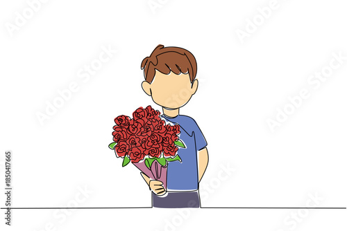 Single one line drawing boy holding bouquet of flowers posing as if he wants to give the flowers. For the beloved mother. Bring Flowers To Someone Day. Continuous line design graphic illustration