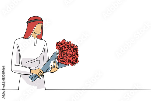 Single one line drawing young arabian man with turban carrying a bouquet of flowers. Expressing feelings without words. Love. Bring Flowers To Someone Day. Continuous line design graphic illustration