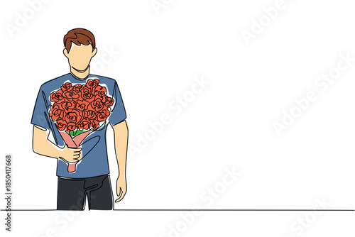 Single continuous line drawing man holding bouquet of flowers posing as if he wants to give the flowers. Sincere apology. Great love. Bring Flowers To Someone Day. One line design vector illustration