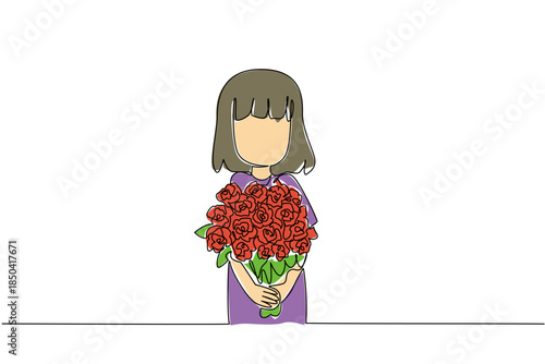 Continuous one line drawing  a girl holding a bouquet of flowers posing as if she wants to give the flowers. Surprise for mom. Bring Flowers To Someone Day. Single line draw design vector illustration