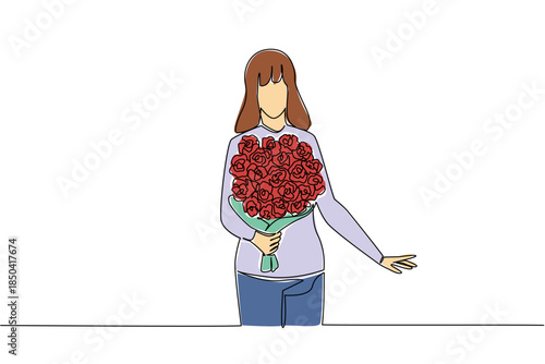 Single continuous line drawing woman holding a bouquet of flowers posing as if she wants to give the flowers. Romantic atmosphere. Bring Flowers To Someone Day. One line design vector illustration