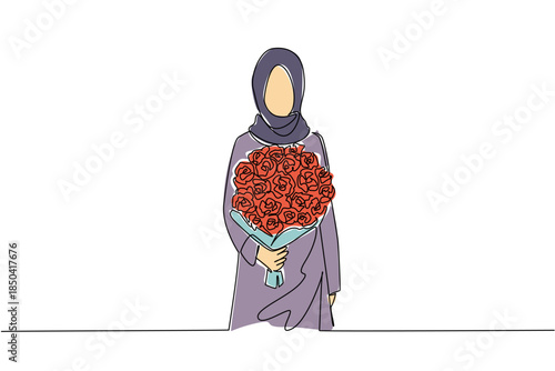 Single one line drawing arab woman holding a bouquet of flowers posing as if she wants to give the flowers. The red of love. Bring Flowers To Someone Day. Continuous line design graphic illustration
