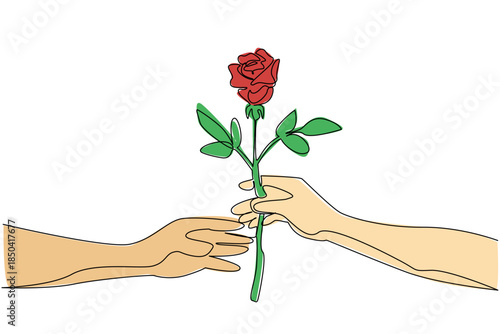 Continuous one line drawing hand giving a beautiful rose to the other hand. Love. Romance. Passion. Affection. Gratitude. Bring Flowers To Someone Day. Single line draw design vector illustration