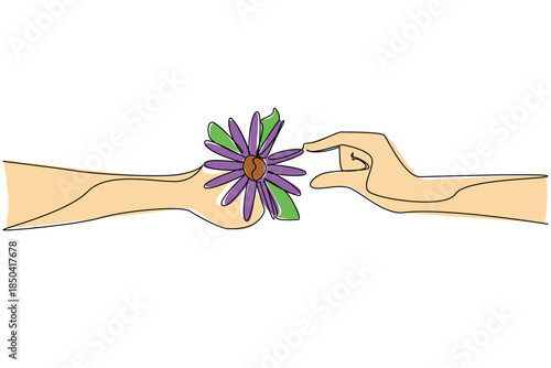 Single continuous line drawing hand giving a flower in hand. Top view. Showing off beauty. Expression of gratitude. Partner in love. Bring Flowers To Someone Day. One line design vector illustration