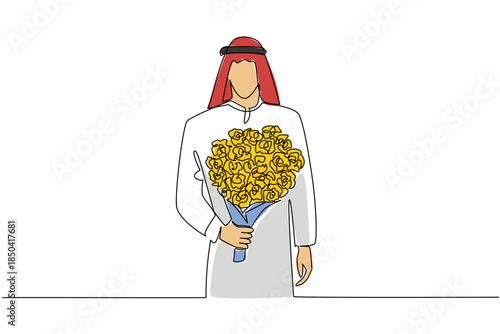 Continuous one line drawing arab man holding bouquet of flowers posing as if he wants to give the flowers. Sincerity of love. Bring Flowers To Someone Day. Single line draw design vector illustration