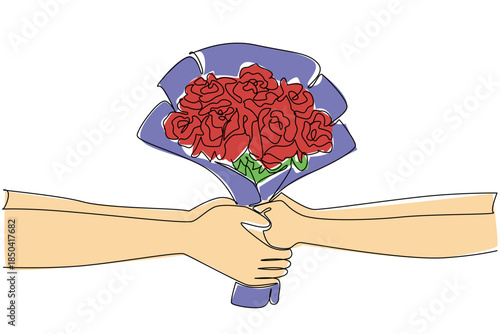 Single one line drawing hand giving a bouquet of flowers to the other hand. A pair of hands let go of longing. Couple married. Bring Flowers To Someone Day. Continuous line design graphic illustration