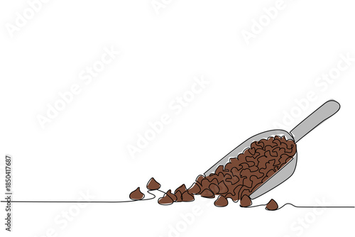Single continuous line drawing choco chips are on top of the scoop and there are also some scattered around. Finished making. Fresh. National Chocolate Chip Day. One line design vector illustration