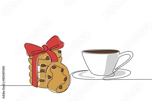 Single one line drawing stack of ribboned choco chip cookies and a cup of tea. Energy source and mood enhancer in the morning. National Chocolate Chip Day. Continuous line design graphic illustration