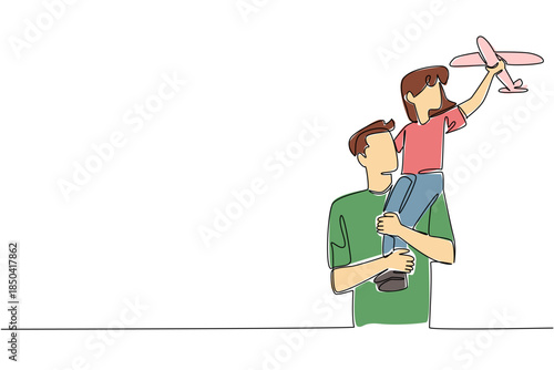 Single continuous line drawing father carrying his daughter on his shoulders and the child holding a toy airplane. Harmonious family. International Day of Boys. One line design vector illustration
