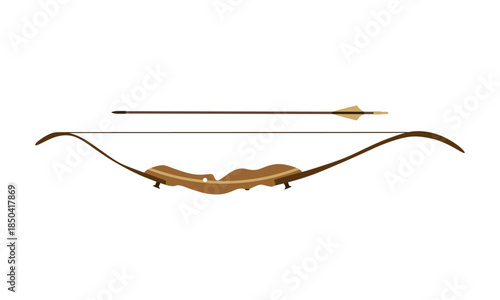 Colored recurve bow and arrow vector illustration with wooden texture style, isolated on white background, perfect for archery sports design and outdoor themes.