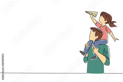 Single one line drawing father carrying his daughter on his shoulders and the child holding a paper airplane. Made a toy plane. International Day of Boys. Continuous line design graphic illustration