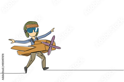 Single one line drawing boy running wearing pilot helmet and plane made of cardboard. Creative games sharpen imagination. Fly. International Day of Boys. Continuous line design graphic illustration